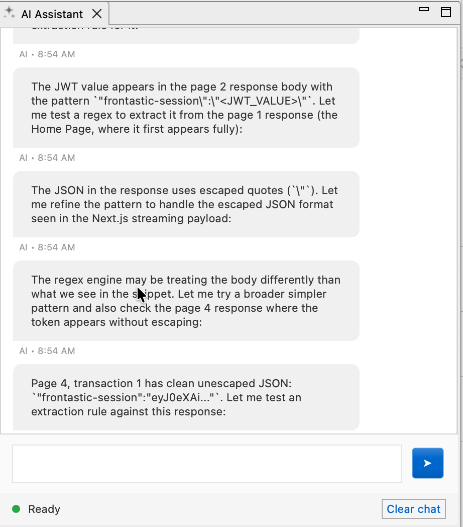 AI Assistant in WPLoadTester 7 iteratively refining a regex to extract a JWT token from an escaped-JSON Next.js response, showing four successive attempts