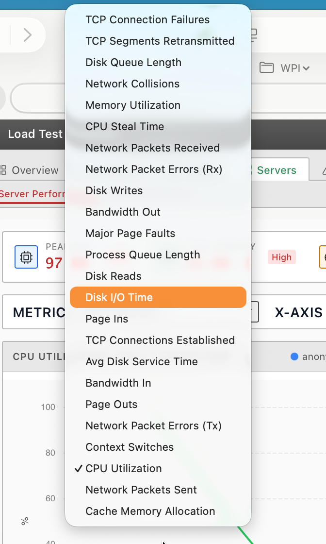Metric picker dropdown in the WPLoadTester 7 Analytics Dashboard Servers tab, listing all 24 server metrics across CPU, memory, disk, network, TCP, and processes.