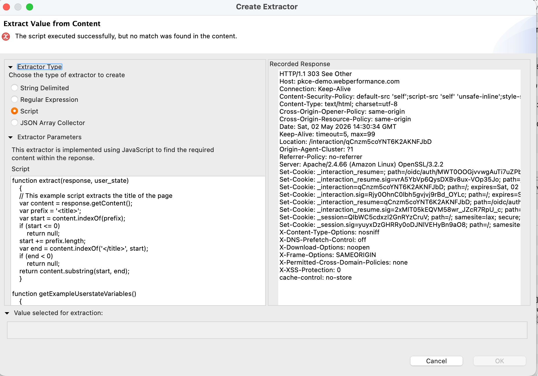 WPLoadTester Create Extractor dialog. Four extractor types listed on the left: String Delimited, Regular Expression, Script (selected), JSON Array Collector. The Script panel shows a JavaScript function extract(response, user_state) that pulls the contents of the page's title tag out of response.getContent(). The right panel shows the recorded response with HTTP headers and Set-Cookie values that the script runs against. A status line at the top reports the script's last execution result.