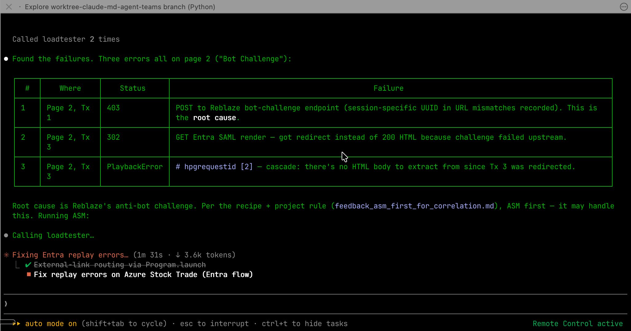 Claude Code terminal showing an agentic session connected over MCP, listing the three errors in a table, identifying Reblaze anti-bot challenge as the root cause, and starting an ASM correlation fix