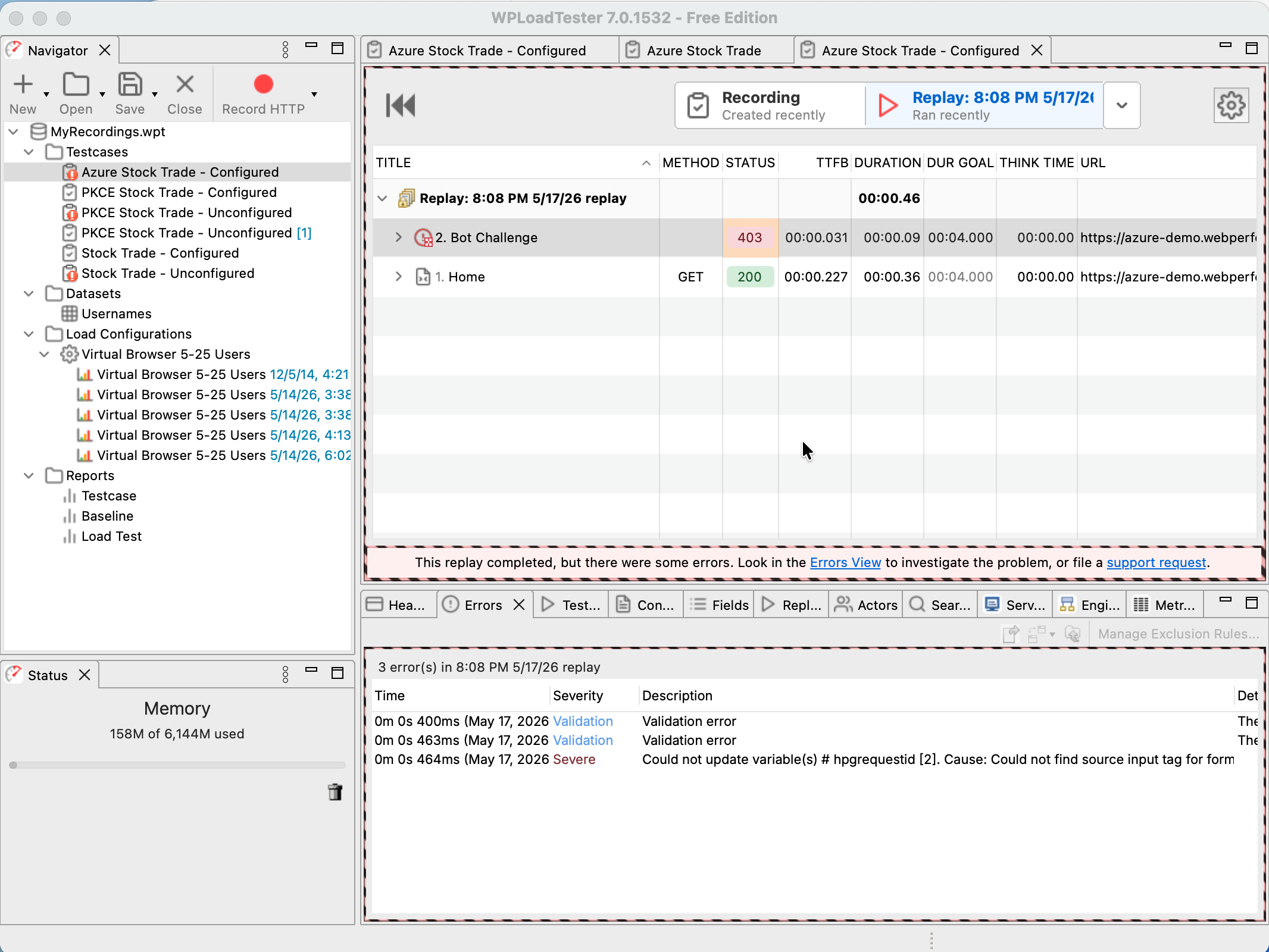 WPLoadTester 7 replay results showing three errors on the Bot Challenge transaction of a recorded stock-trading session, with HTTP 403 and validation errors visible in the errors panel