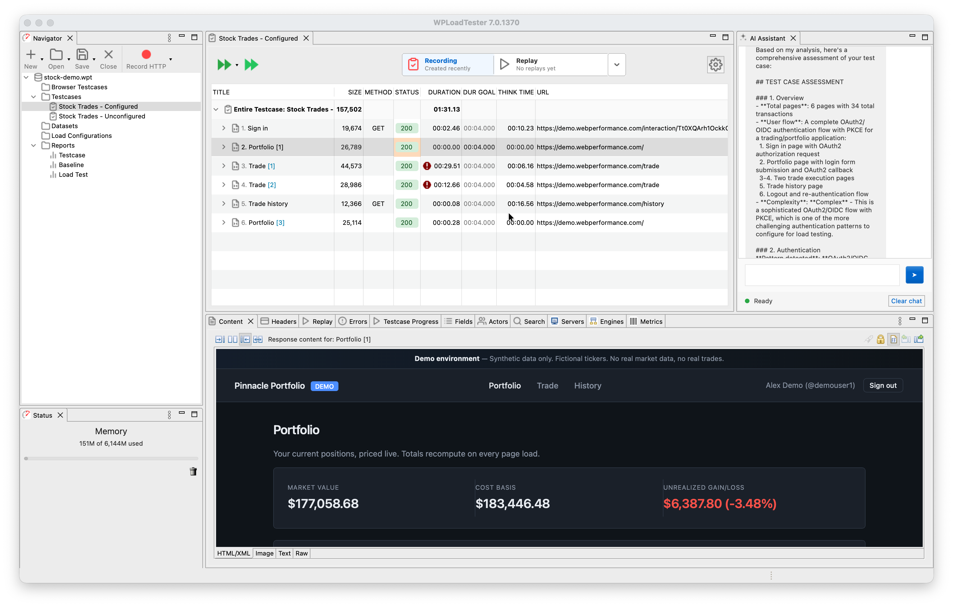 WPLoadTester 7 AI Assistant identifying an OAuth2/OIDC + PKCE pattern in a pre-configured stock trading test case